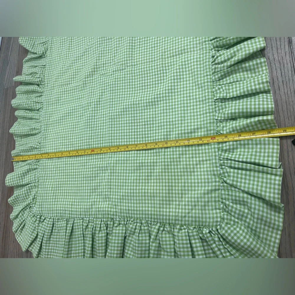 Vtg Handmade Baby Crib Quilt Green Gingham Cross Stitch Ruffle Blanket Woodland